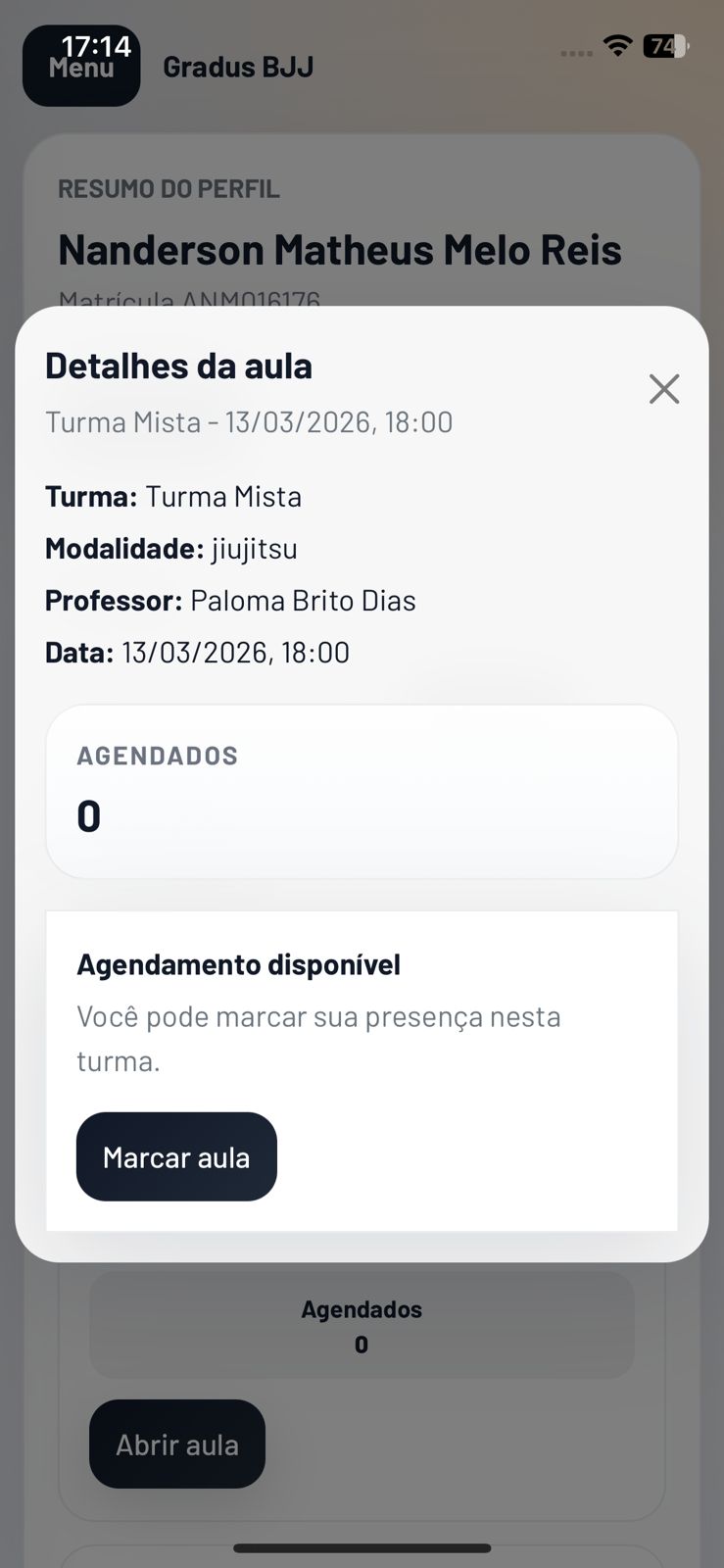 Tela do Gradus BJJ com detalhes da aula e opção de marcar presença