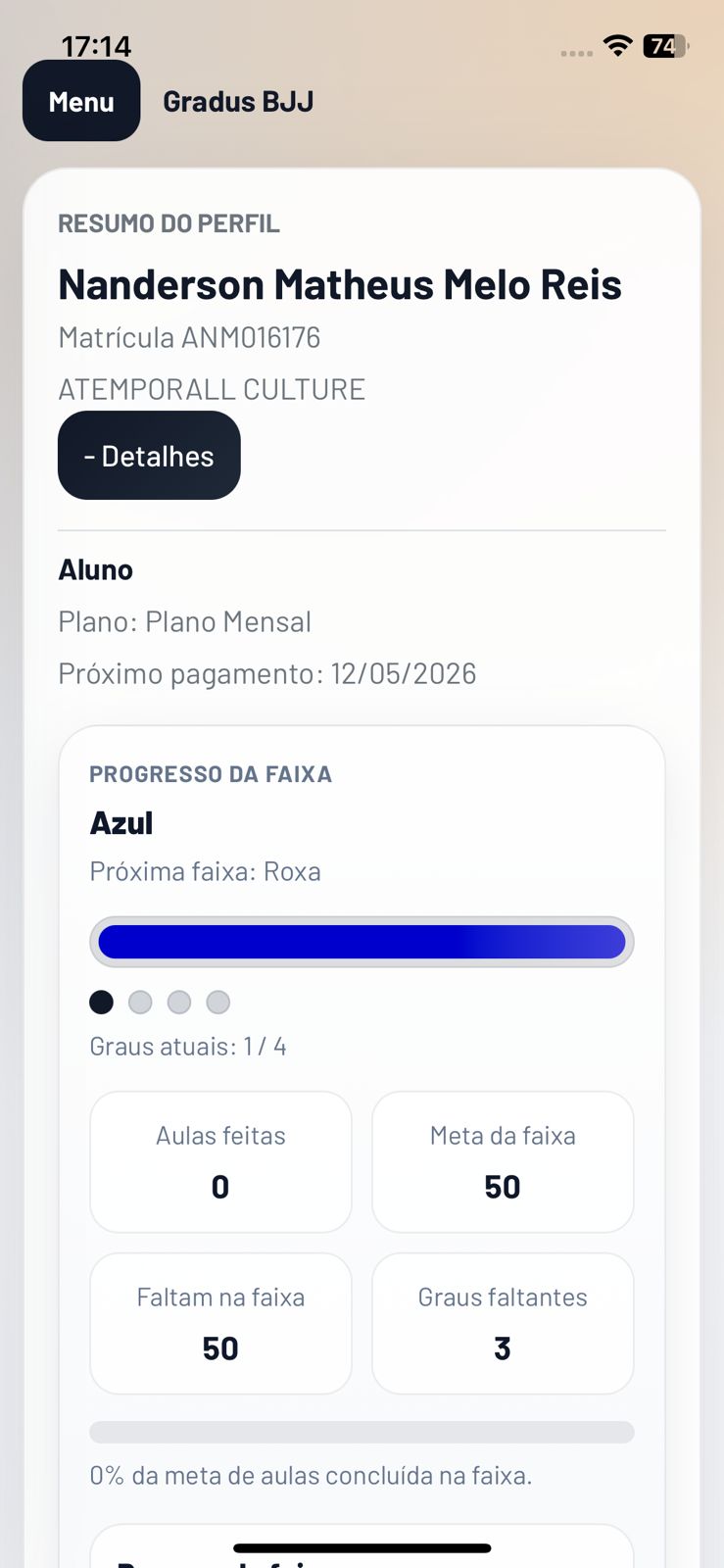 Tela do portal do aluno com resumo do perfil e progresso da faixa